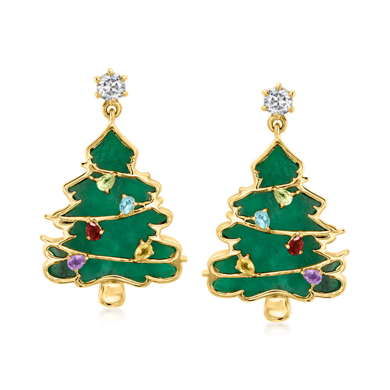 13.10 ct. t.w. Multi-Gemstone Christmas Tree Drop Earrings in 18kt Gold Over Sterling