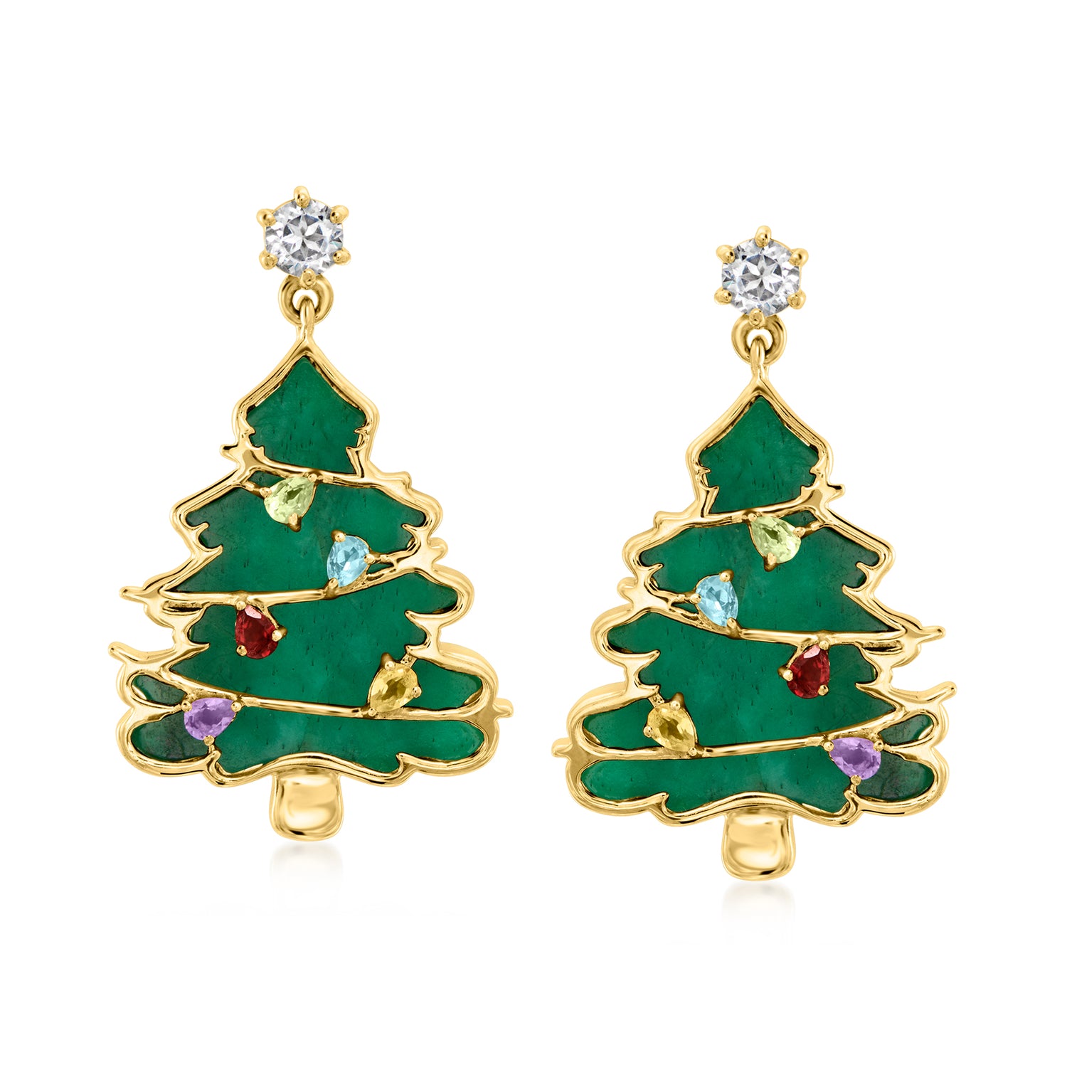 13.10 ct. t.w. Multi-Gemstone Christmas Tree Drop Earrings in 18kt Gold Over Sterling