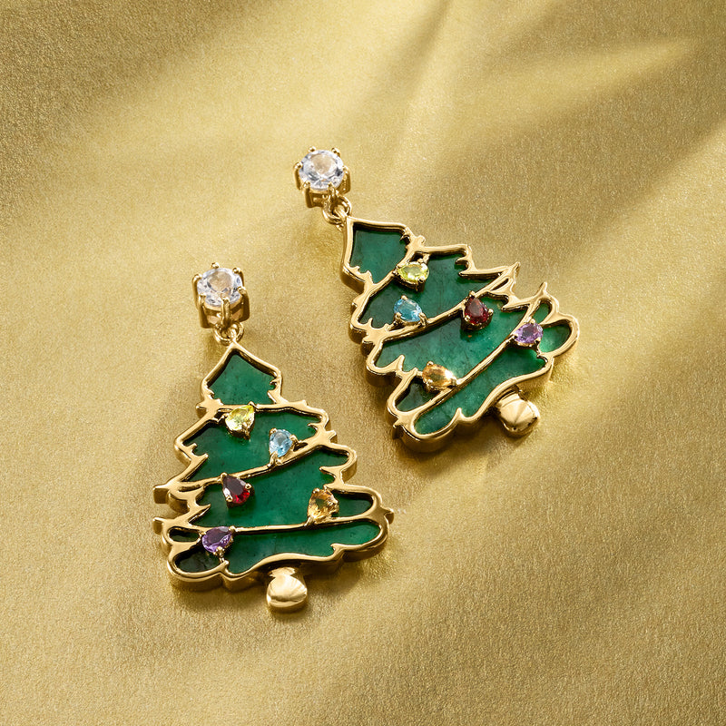 13.10 ct. t.w. Multi-Gemstone Christmas Tree Drop Earrings in 18kt Gold Over Sterling