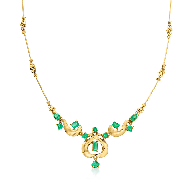 14kt yellow gold fancy-chain necklace with emerald green stones and teardrop pendant