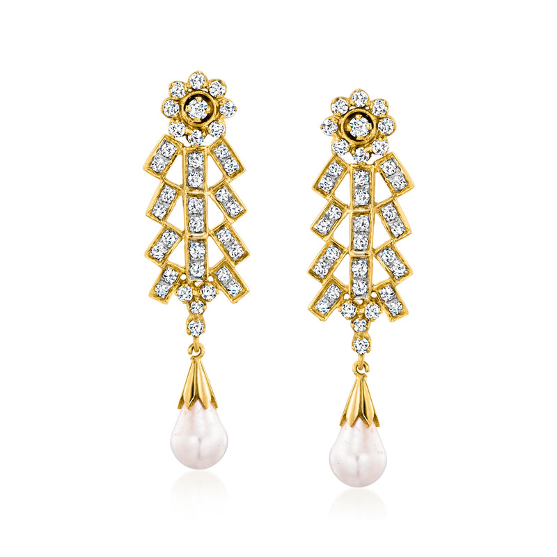 18kt yellow gold drop earrings with diamond fan detailing and a cultured pearl teardrop