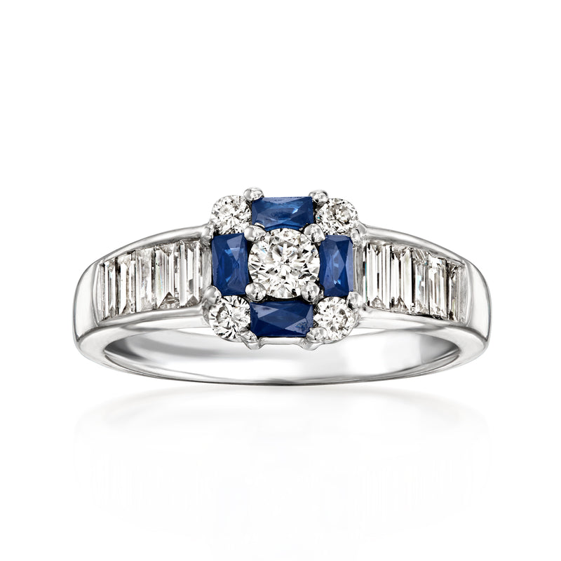 18kt white gold ring with blue sapphire center and diamond halo, baguette sides