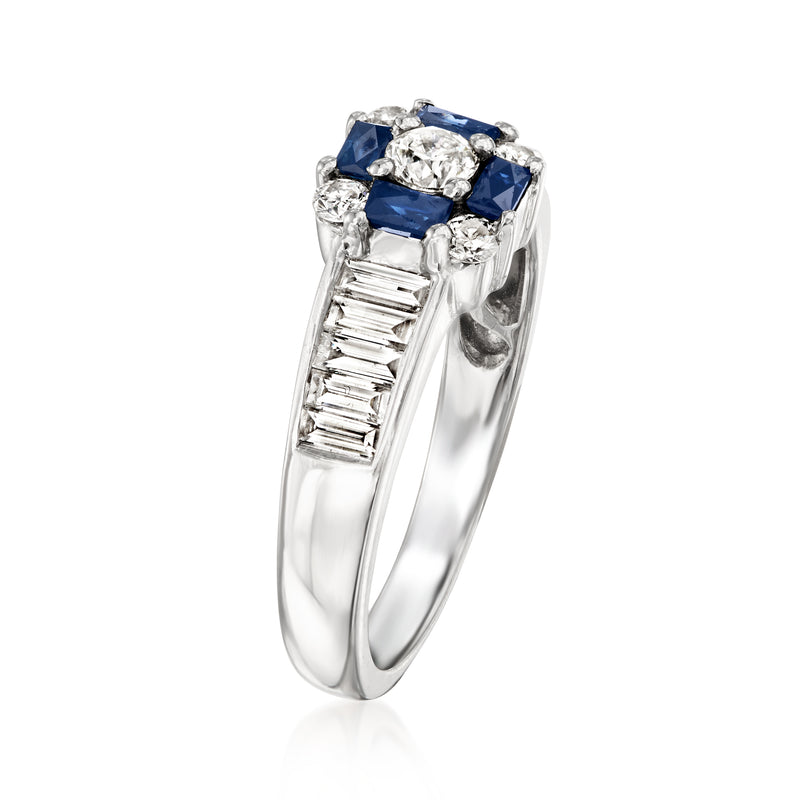 18kt white gold ring with blue square sapphire and baguette diamond shoulders