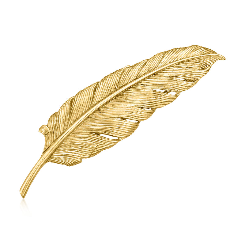 14kt yellow gold feather pin with textured leaf vein details