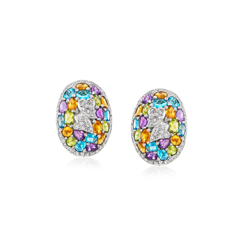 Oval multi-gemstone cluster stud earrings in white gold, diamond accents