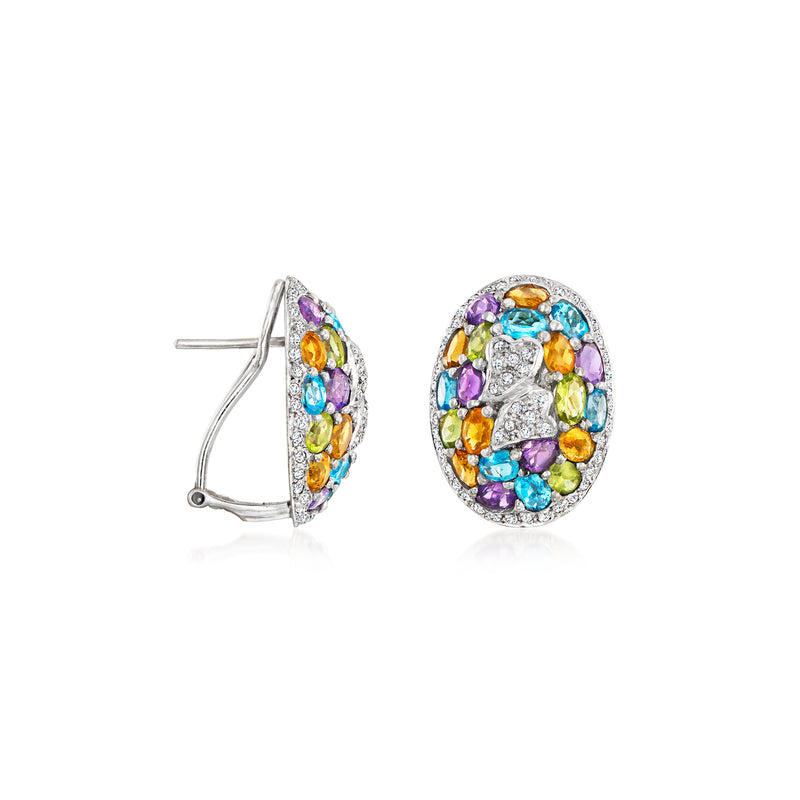 White gold oval stud earrings with multicolor gemstones and diamond accents