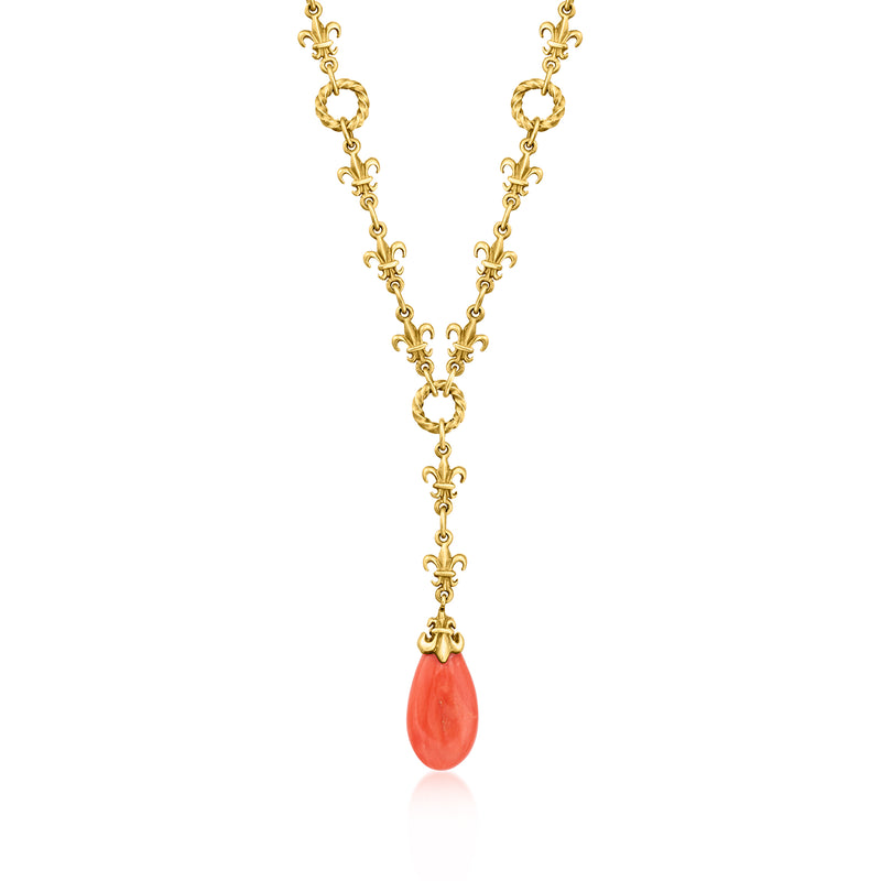 14kt yellow gold Y-necklace with coral teardrop pendant, ornate link chain
