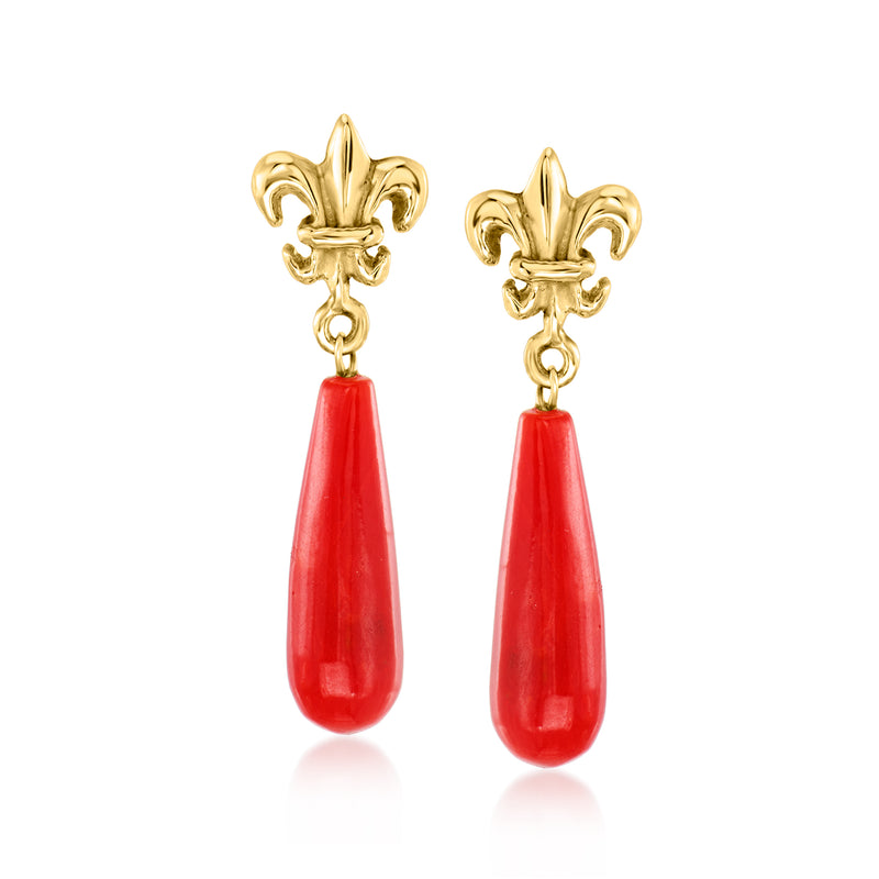 14kt yellow gold fleur-de-lis drop earrings with red coral teardrop dangle