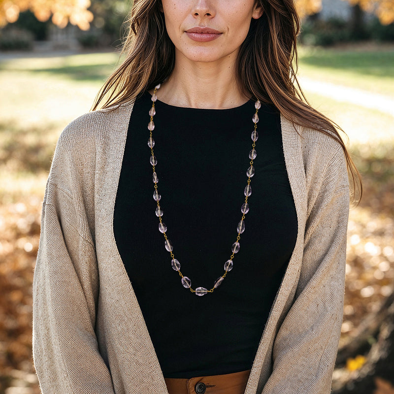 Amethyst bead necklace in 22kt yellow gold, layered with faceted lavender stones
