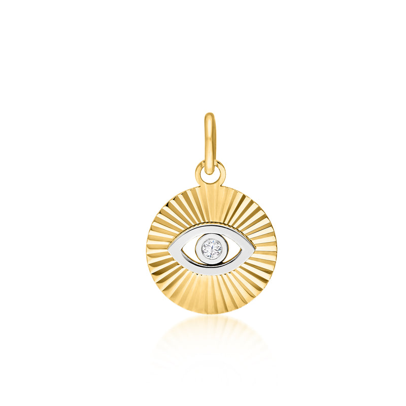 14kt two-tone gold evil eye ridged pendant with single diamond center