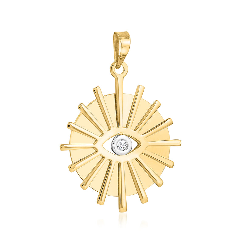 14kt yellow gold sunburst evil eye pendant with single round diamond center