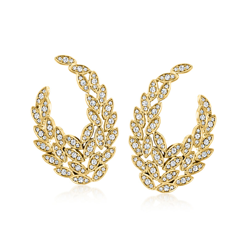 Curved yellow gold diamond cluster hoop earrings with leafy arc design, stud posts