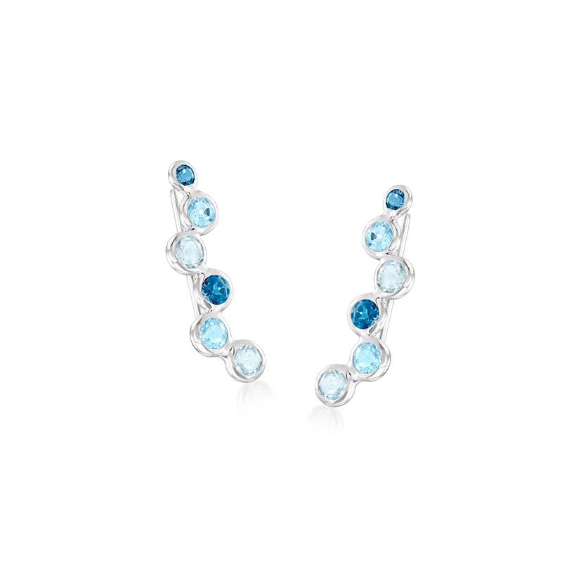 Sterling silver ear climber earrings with round tonal blue topaz bubble stones