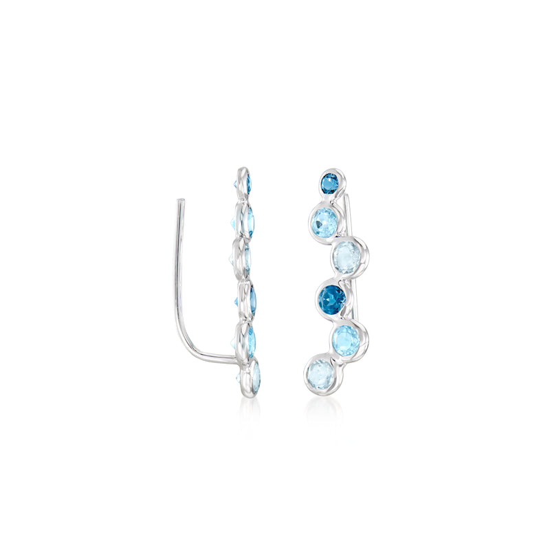 Sterling silver ear climber earrings with blue topaz bubble stones on earwire
