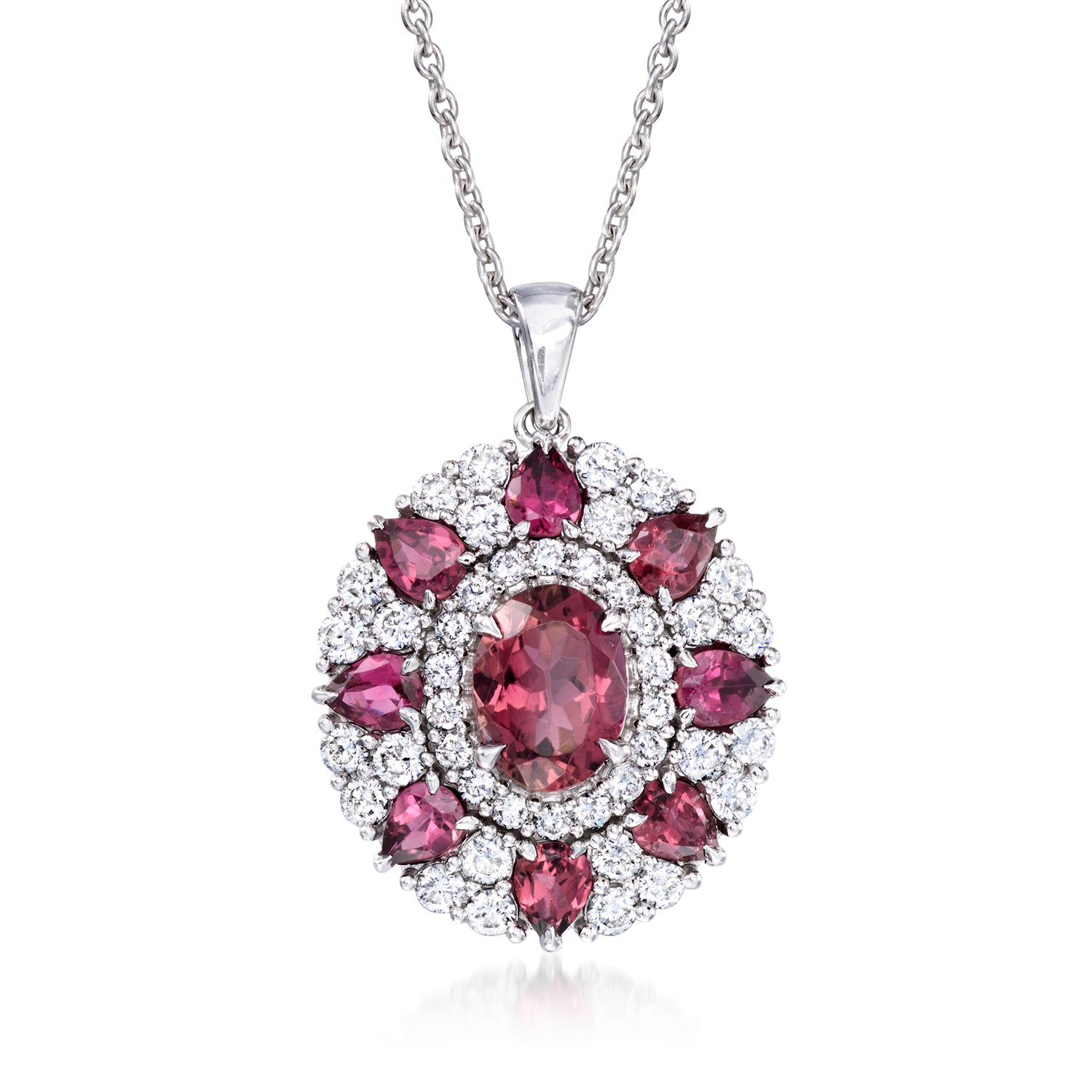 3.10 ct. t.w. Pink Tourmaline and 1.00 ct. t.w. Diamond Pendant Necklace in 14kt White Gold