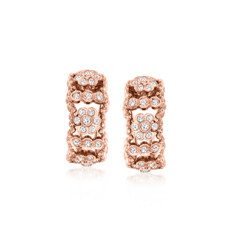 Rose gold curved diamond hoop earrings with clustered round-cut stones, clip/post style
