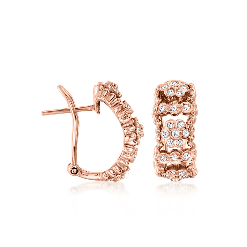 Rose gold curved diamond hoop earrings, side view with post back and clustered round stones