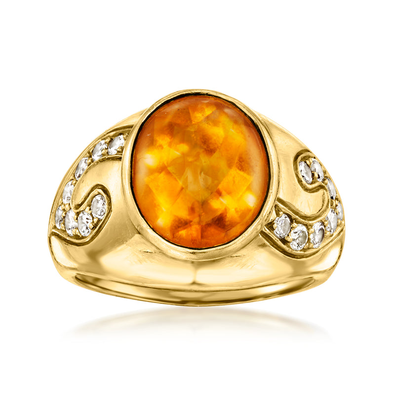 18k yellow gold citrine cabochon ring with diamond accents, oval bezel
