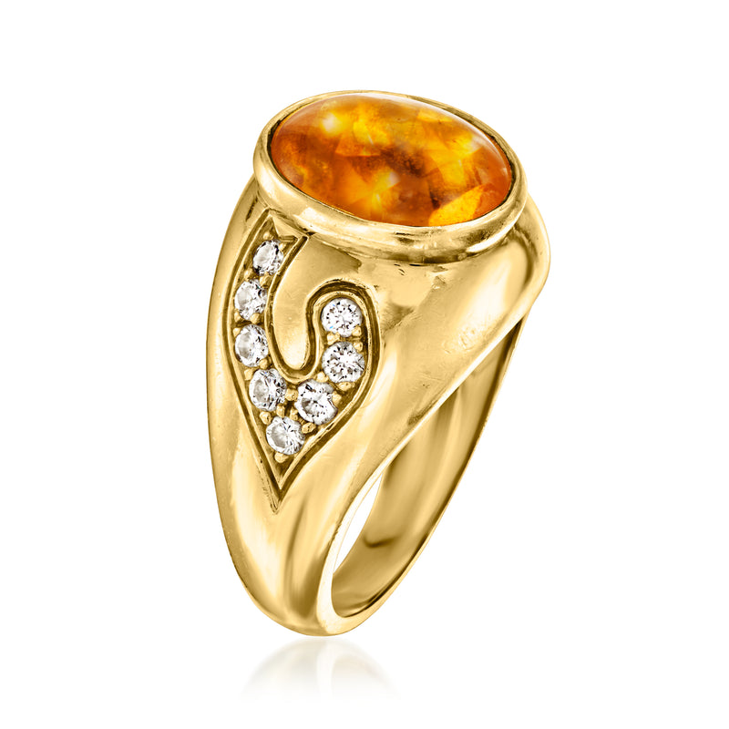 18k yellow gold citrine ring with diamond cluster side details, oval bezel