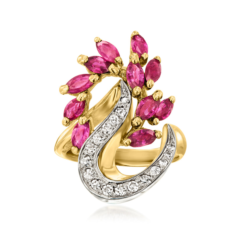 Vintage ruby and diamond cocktail ring in 14kt yellow gold