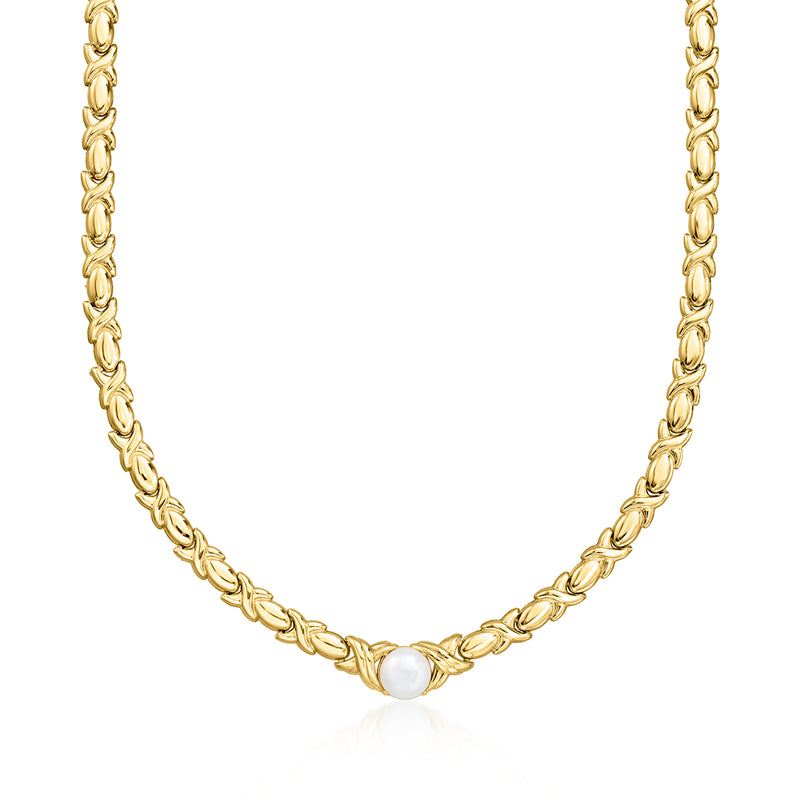 Gold XO pearl necklace with round pearl charm on curb chain