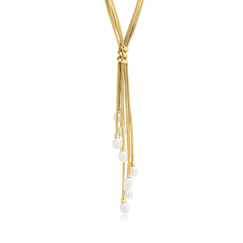 Gold Y-necklace with white cultured pearls on multi-strand chain