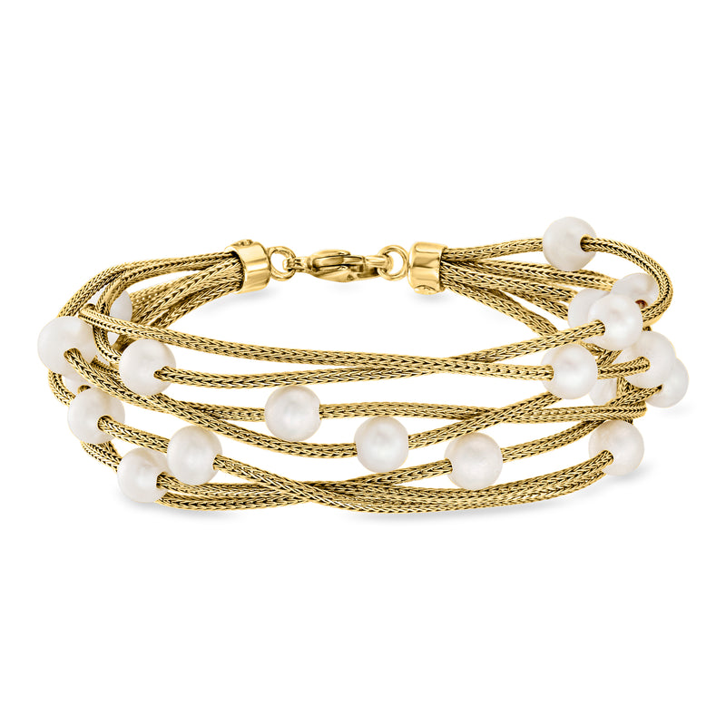 Gold multi-row pearl bracelet with round cultured pearls and rope chain stations