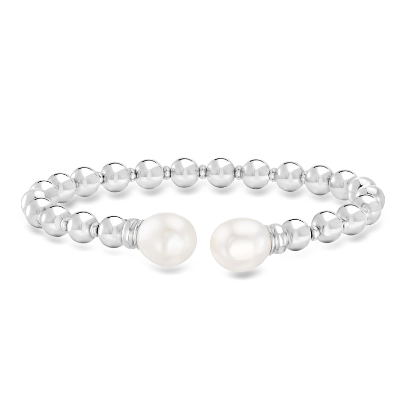Sterling silver bead cuff bracelet with two white cultured pearl drops