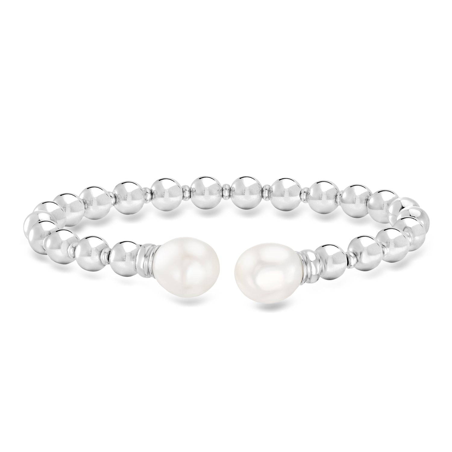 Italian 6mm Sterling Silver Bead Cuff Bracelet with 9-9.5mm Cultured Pearls