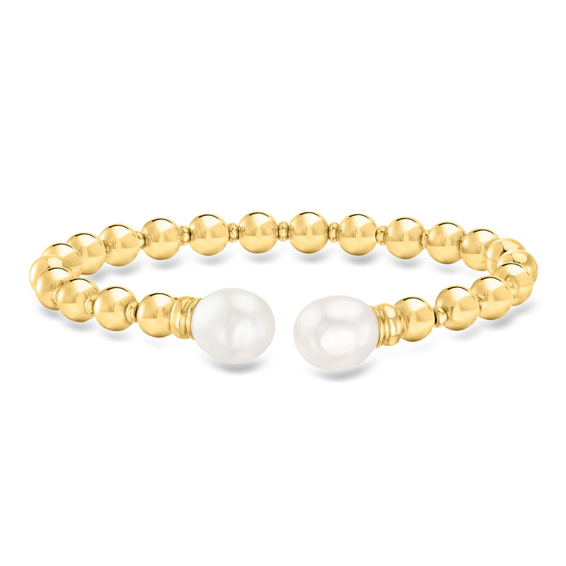 Gold over sterling cuff bracelet with round ball links and two white cultured pearls