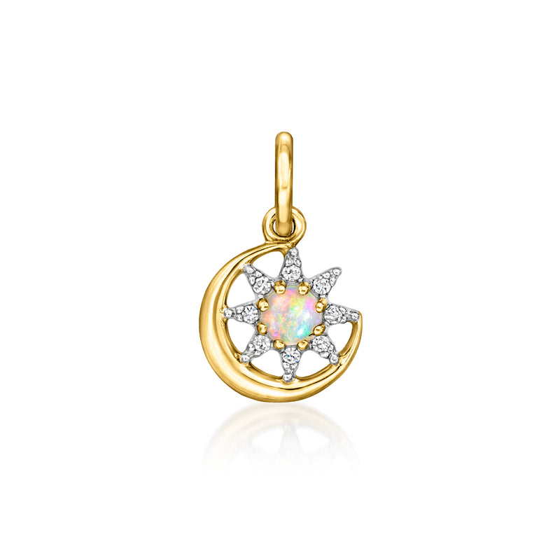 14kt yellow gold celestial charm with opal center and diamond accents