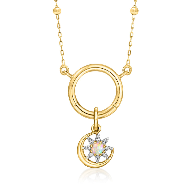 Hanging 14kt yellow gold celestial charm with opal center and diamond accents