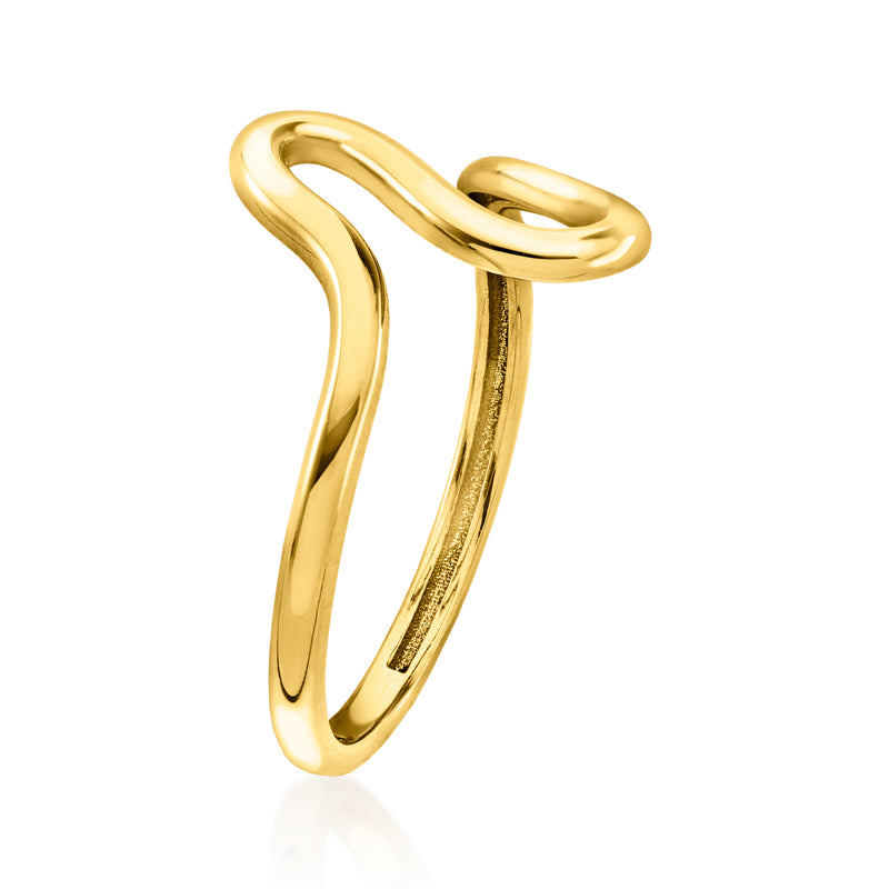 14kt yellow gold asymmetrical wave ring, curved open loop from the side
