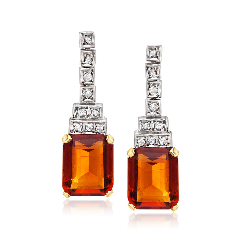 Citrine and diamond drop earrings, yellow gold settings with orange emerald-cut gemstones