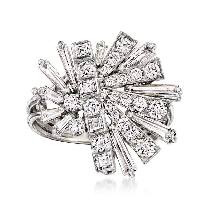 Geometric diamond cluster ring in 14kt white gold with round and baguette stones