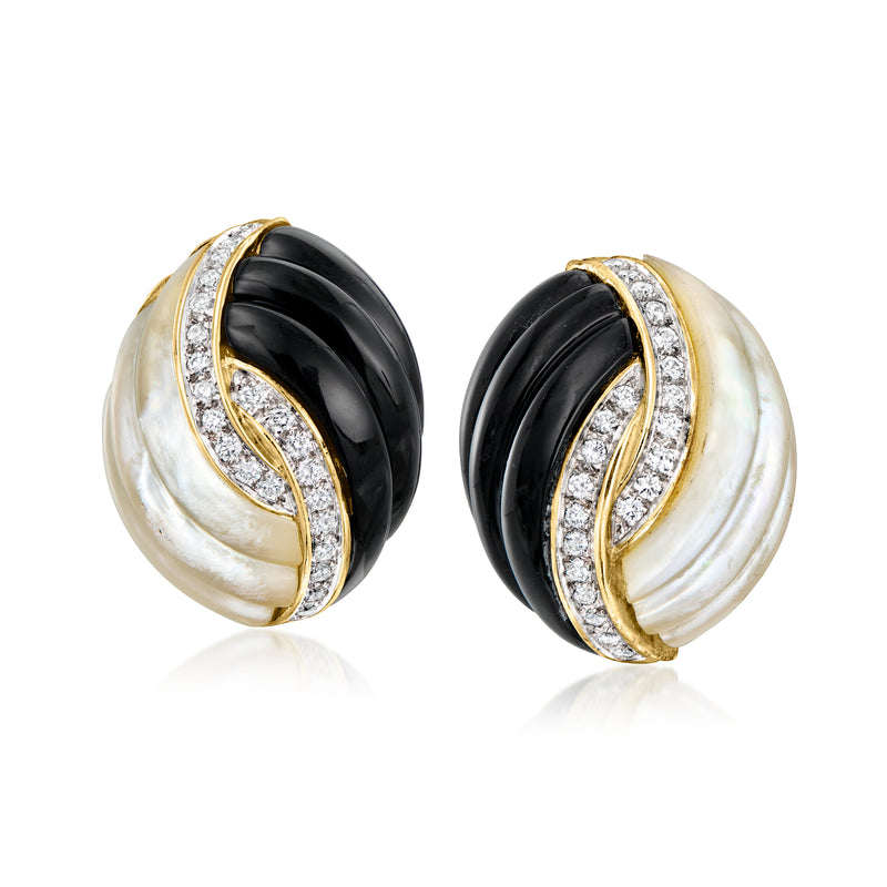 18kt yellow gold swirl earrings with black onyx, white mother-of-pearl and diamond accents