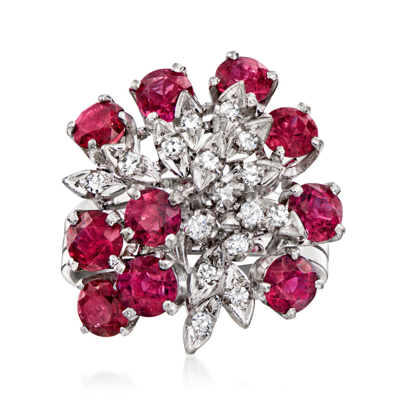 Ruby and diamond cluster ring, 14kt white gold, prong-set marquise and round stones