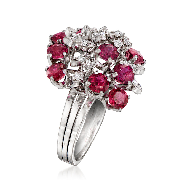 Ruby and diamond cluster ring, curved band, 14kt white gold, prong-set stones