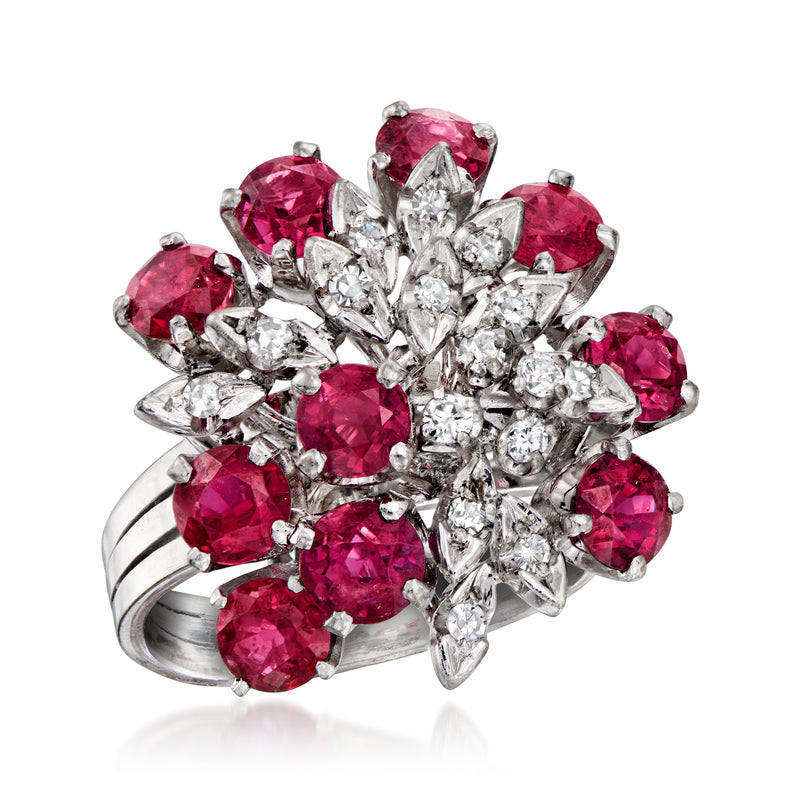 Ruby and diamond cluster ring, 14kt white gold, large center stones with side clusters