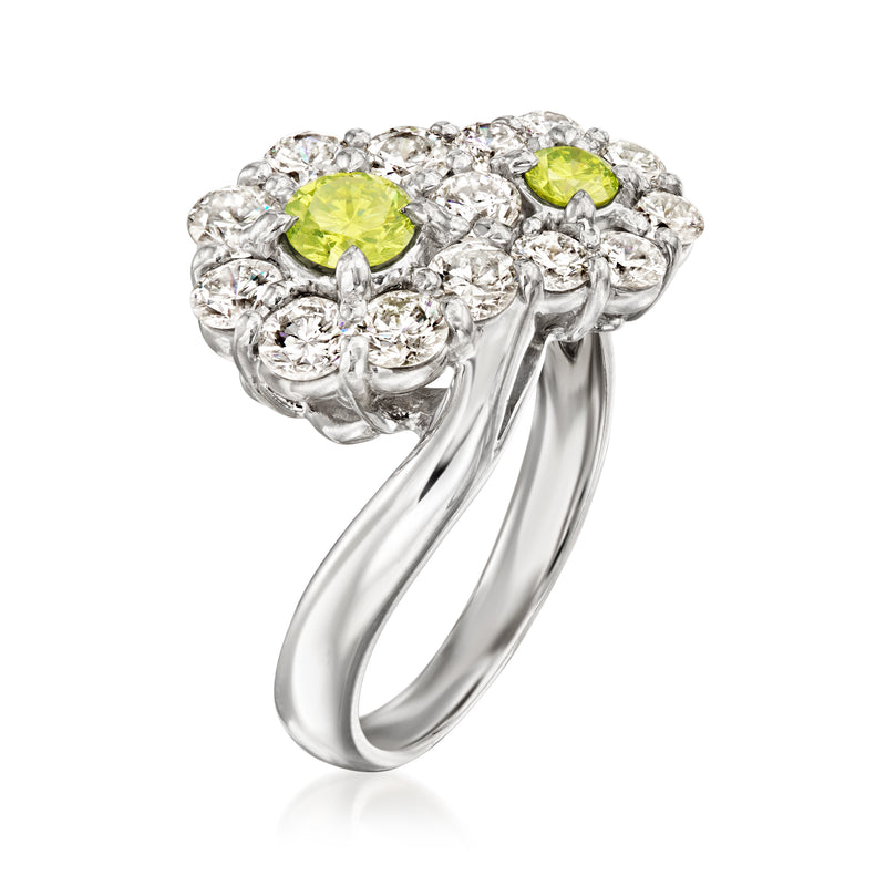 Platinum flower ring with white diamonds and yellow center stones