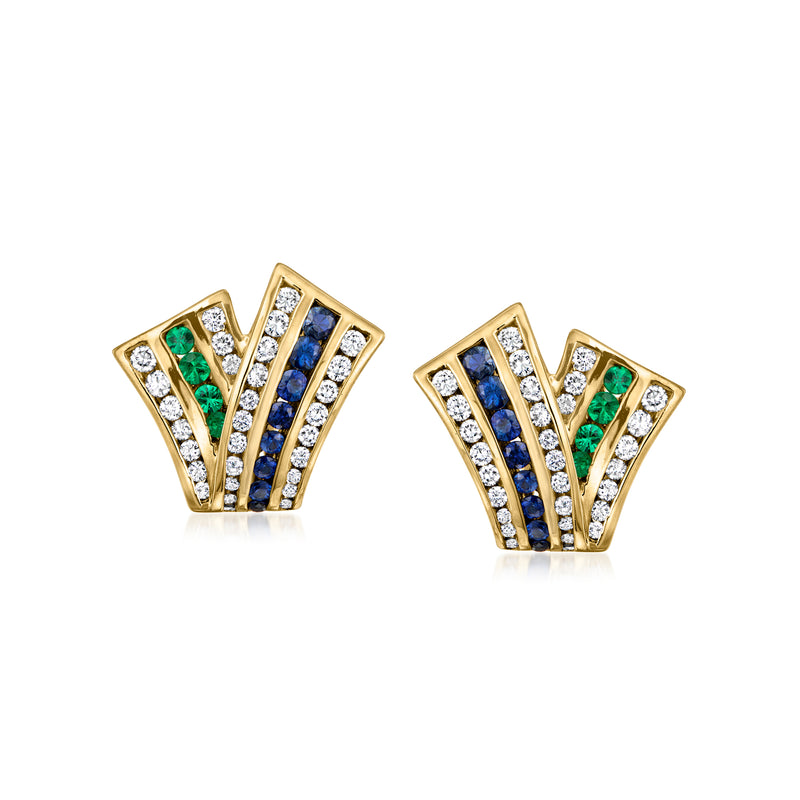 18kt yellow gold stud earrings with fan-shaped blue, green, and white gemstone details