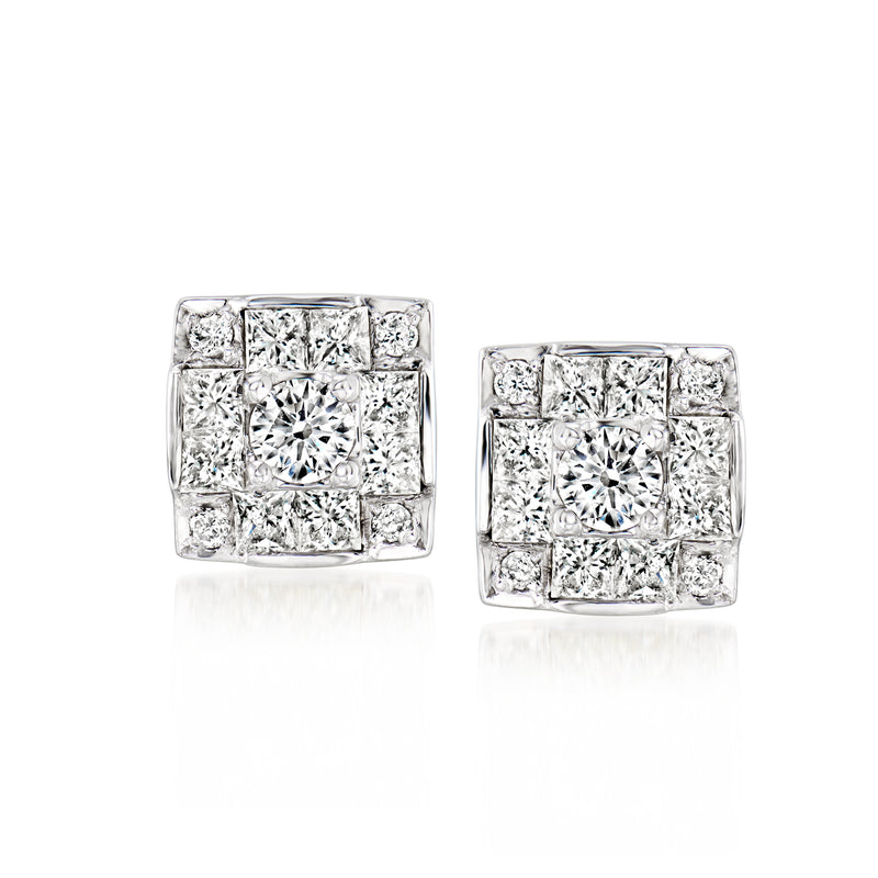 Diamond square cluster stud earrings in 14kt white gold, post style, square halo design