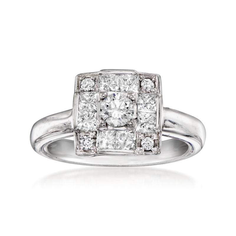 14kt white gold square diamond cluster ring with central round stone and square surrounds