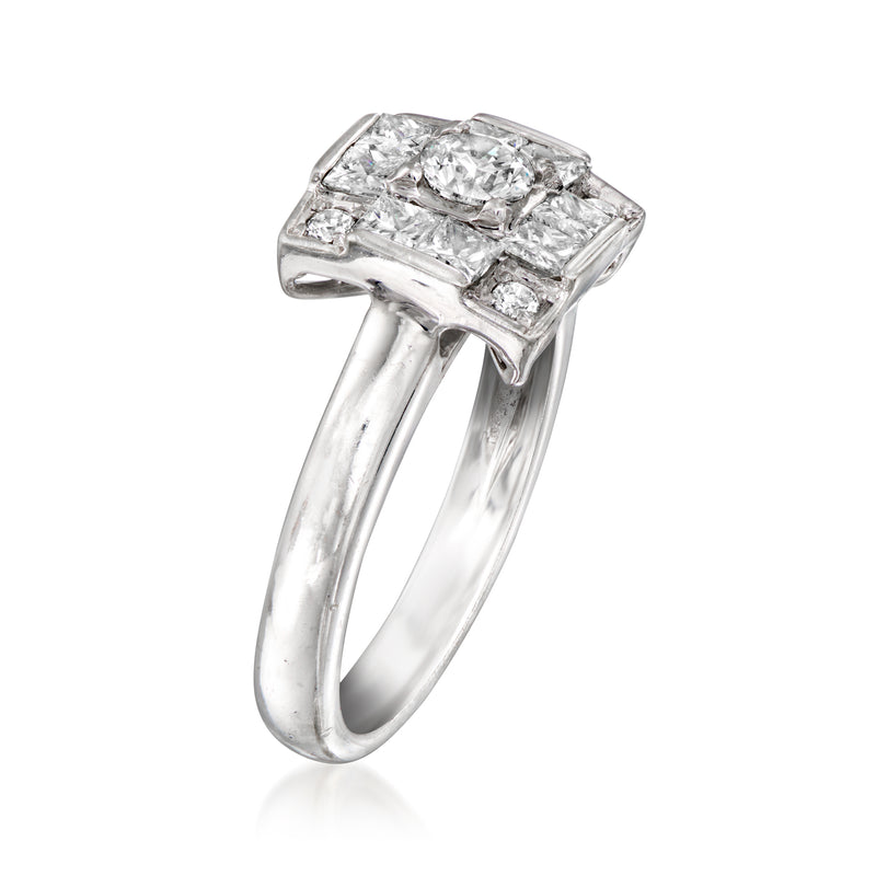 Side view of 14kt white gold square diamond cluster ring with raised square setting