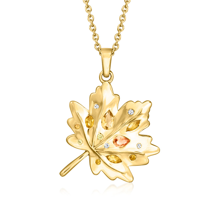 Gold-tone leaf pendant necklace with multi-gemstones and small round diamond accents