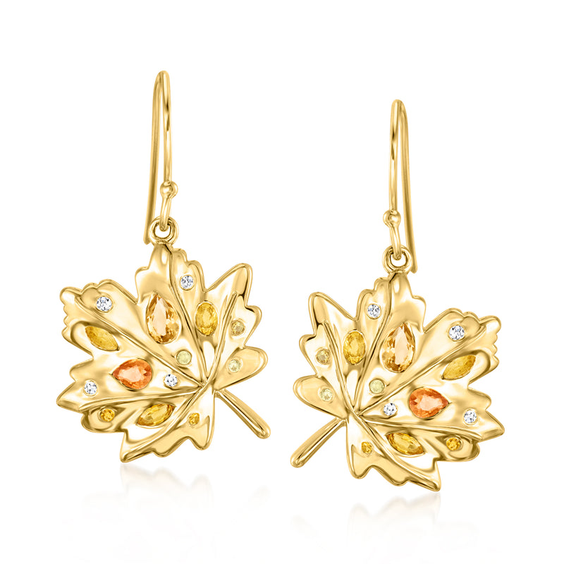 Gold leaf drop earrings with multi-gemstones and small round lab-grown diamond accents