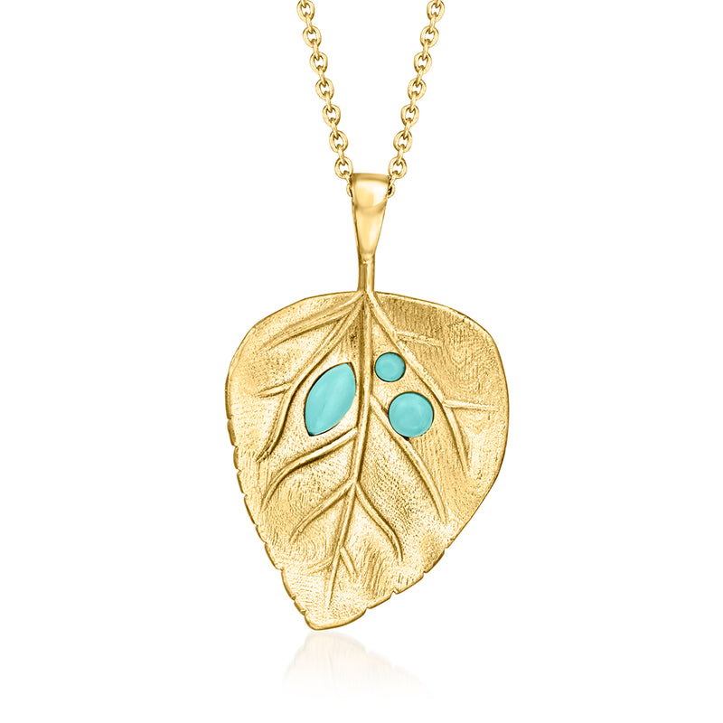 Gold leaf pendant necklace with turquoise oval stones, 18kt gold over sterling