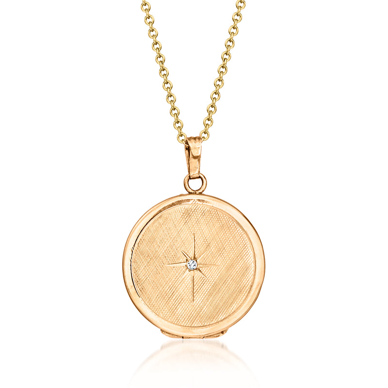 Yellow gold starburst locket necklace with single diamond, round pendant on chain