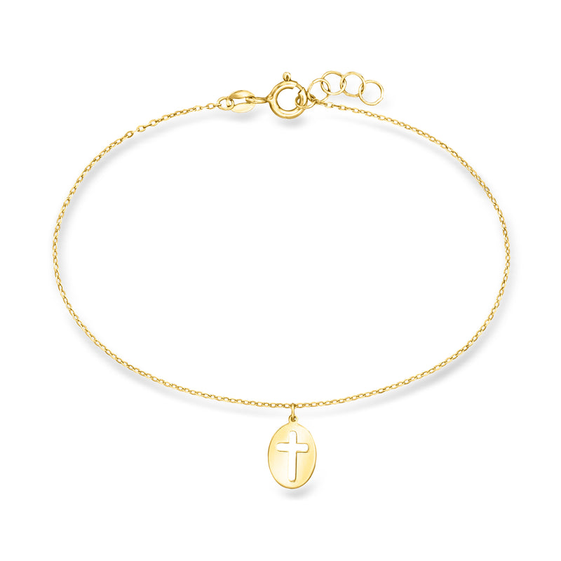 10kt yellow gold cross cut-out charm bracelet with round link chain
