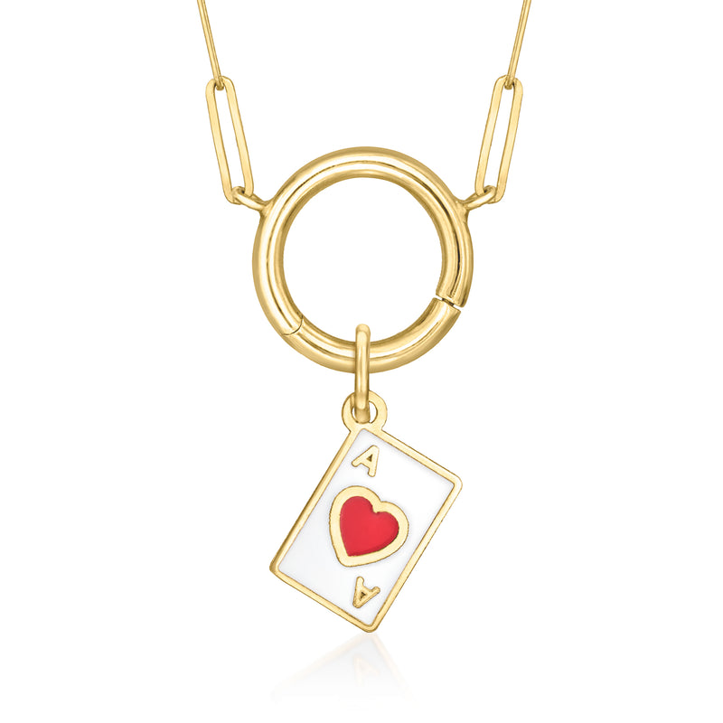 Yellow gold chain with open circle link and ace of hearts card charm pendant